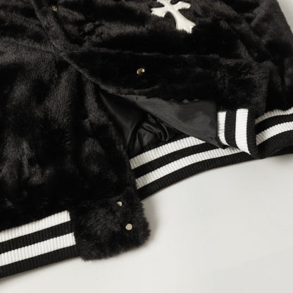 Chrome Hearts Faux Fur Cross Varsity Jacket - Black White Gothic Streetwear 035